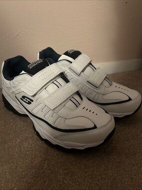 Skechers White with Navy Velcro Walking Sneakers